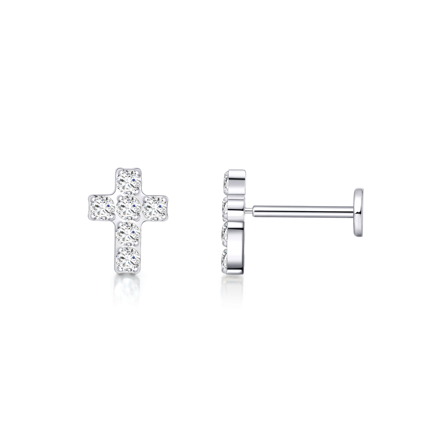 limerencia G23 Hypoallergenic 18g Flat Back Stud Earrings | F136 Implant Grade Titanium Press Fit Threadless Push Pop in Cartilage Helix Labret Lip Monroe Tragus Piercing Studs- Cross CZ