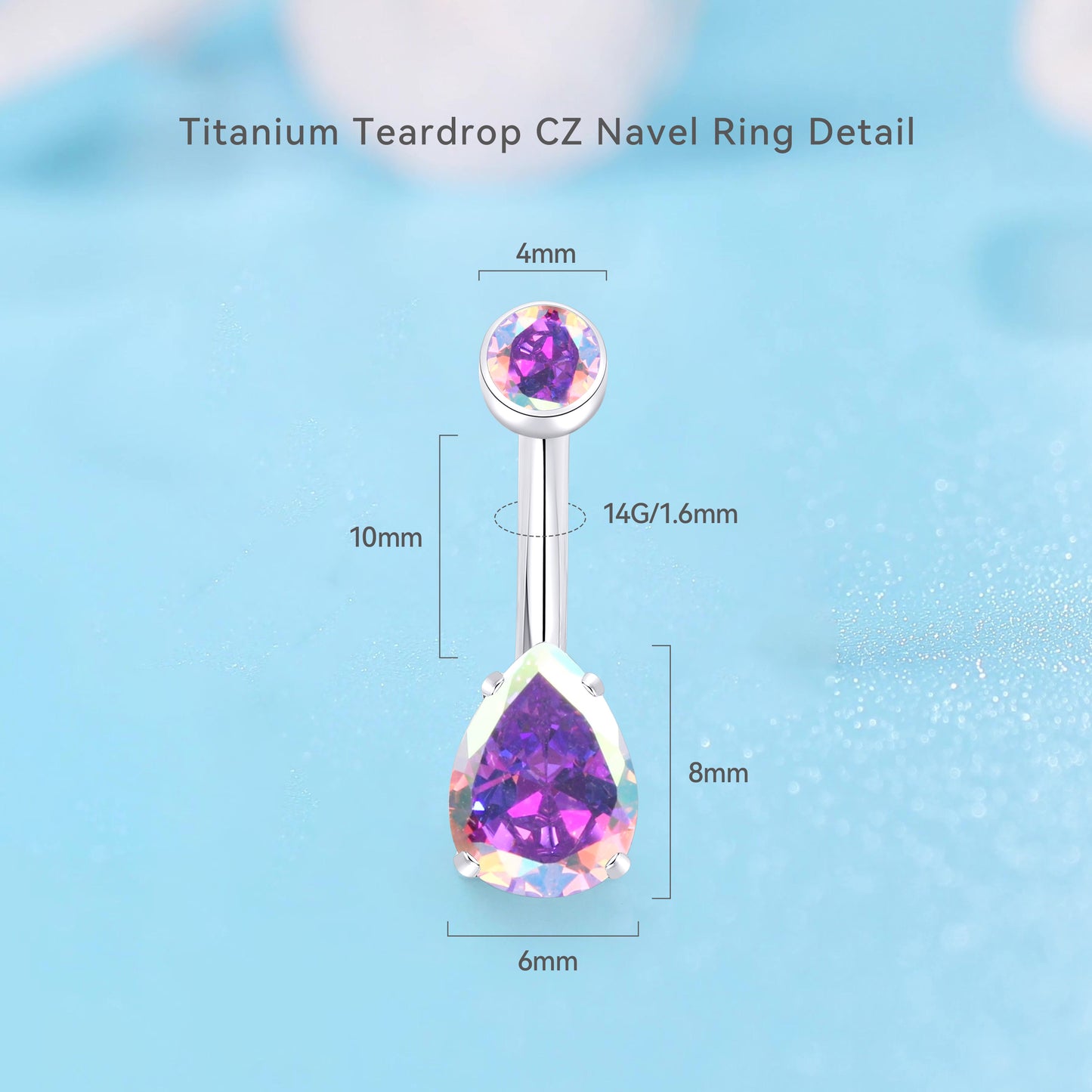 limerencia 14G G23 Titanium Belly Button Ring with Small Teardrop Cubic Zirconia 10mm Internally Threaded Navel Piercing Jewelry (10 mm, Aurora Borealis)