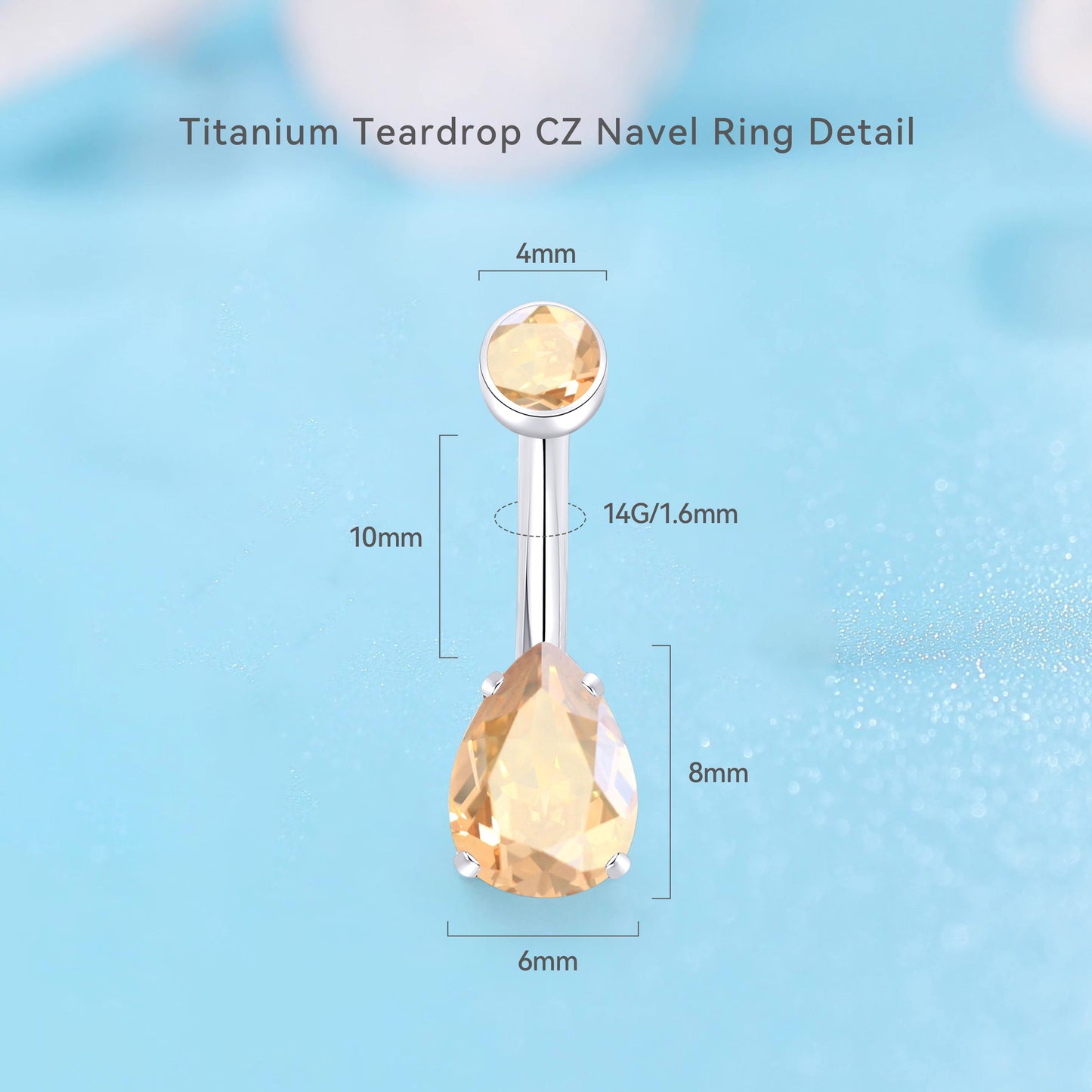 limerencia 14G G23 Titanium Belly Button Ring with Small Teardrop Cubic Zirconia 10mm Internally Threaded Navel Piercing Jewelry (10 mm, Champagne CZ)