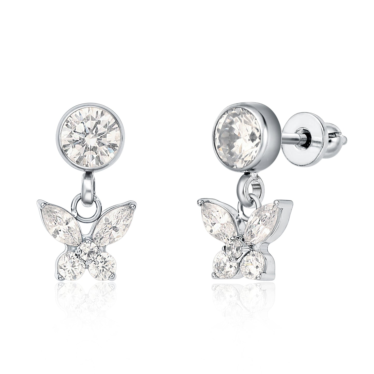 Limerencia Hypoallergenic F136 Titanium Cubic Zirconia Butterfly Drop Dangle Stud Earrings G23 for Girls Women (Clear White)