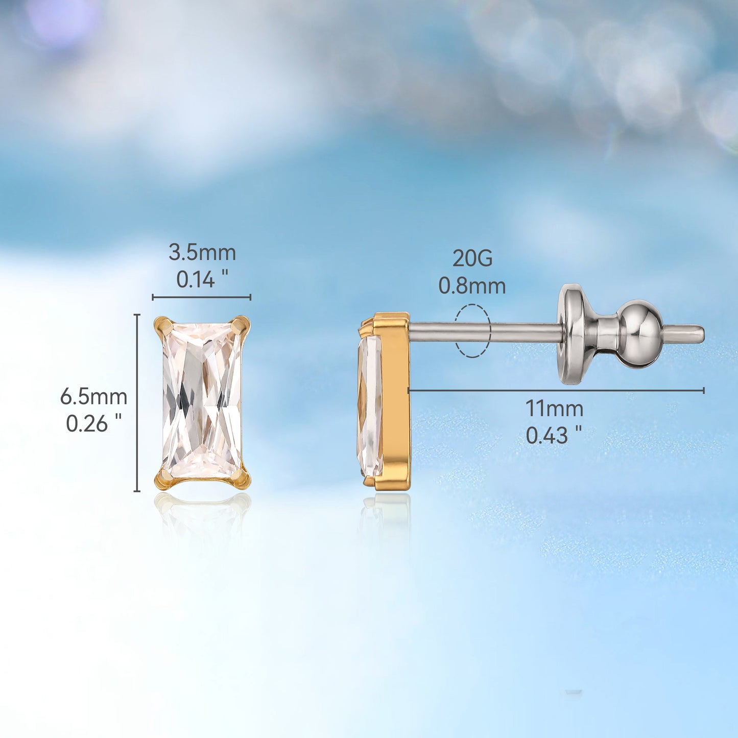 Limerencia F136 Pure Titanium Hypoallergenic Implant Grade Studs, G23 Small Dainty Cubic Zirconia Earrings for Women's Sensitive Ears(rectangle)