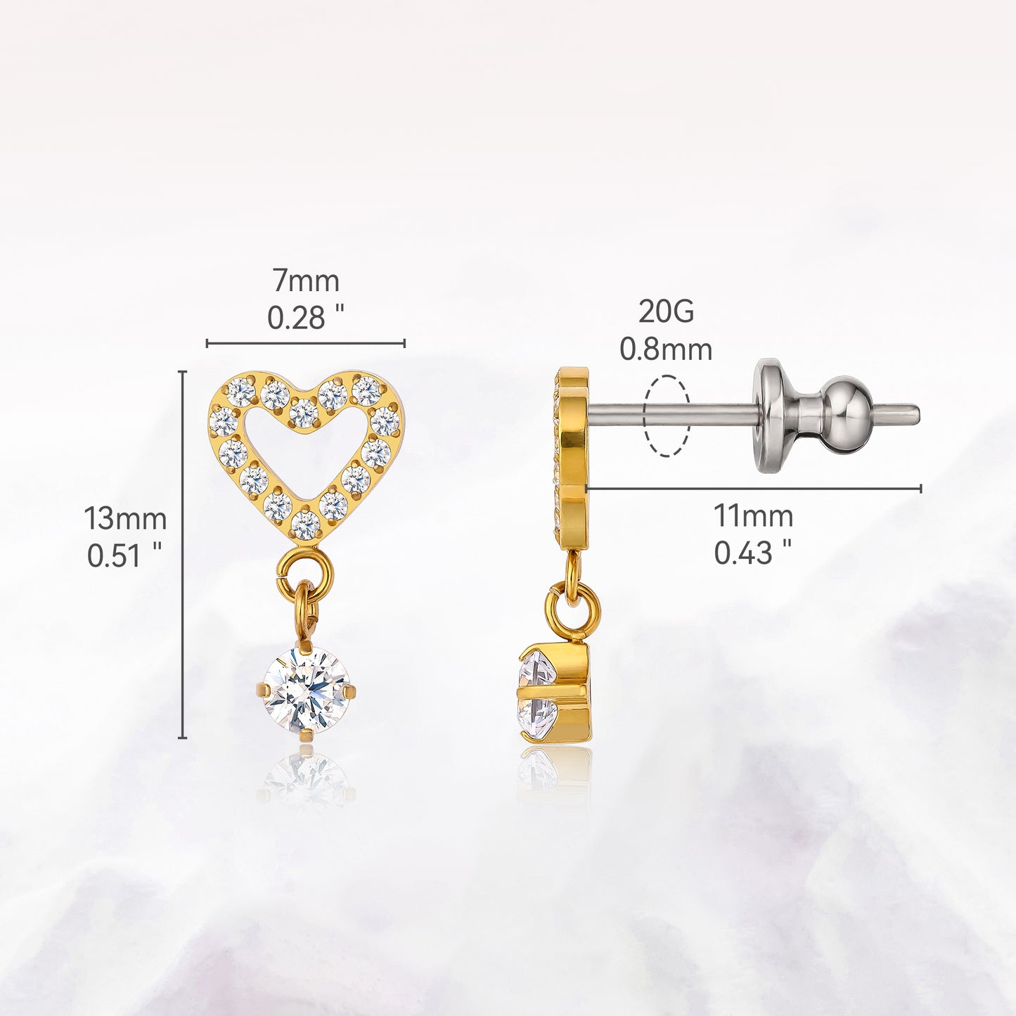Limerencia F136 Pure Titanium Hypoallergenic Implant Grade Studs, G23 Small Dainty Cubic Zirconia Earrings for Women's Sensitive Ears(heart drop)