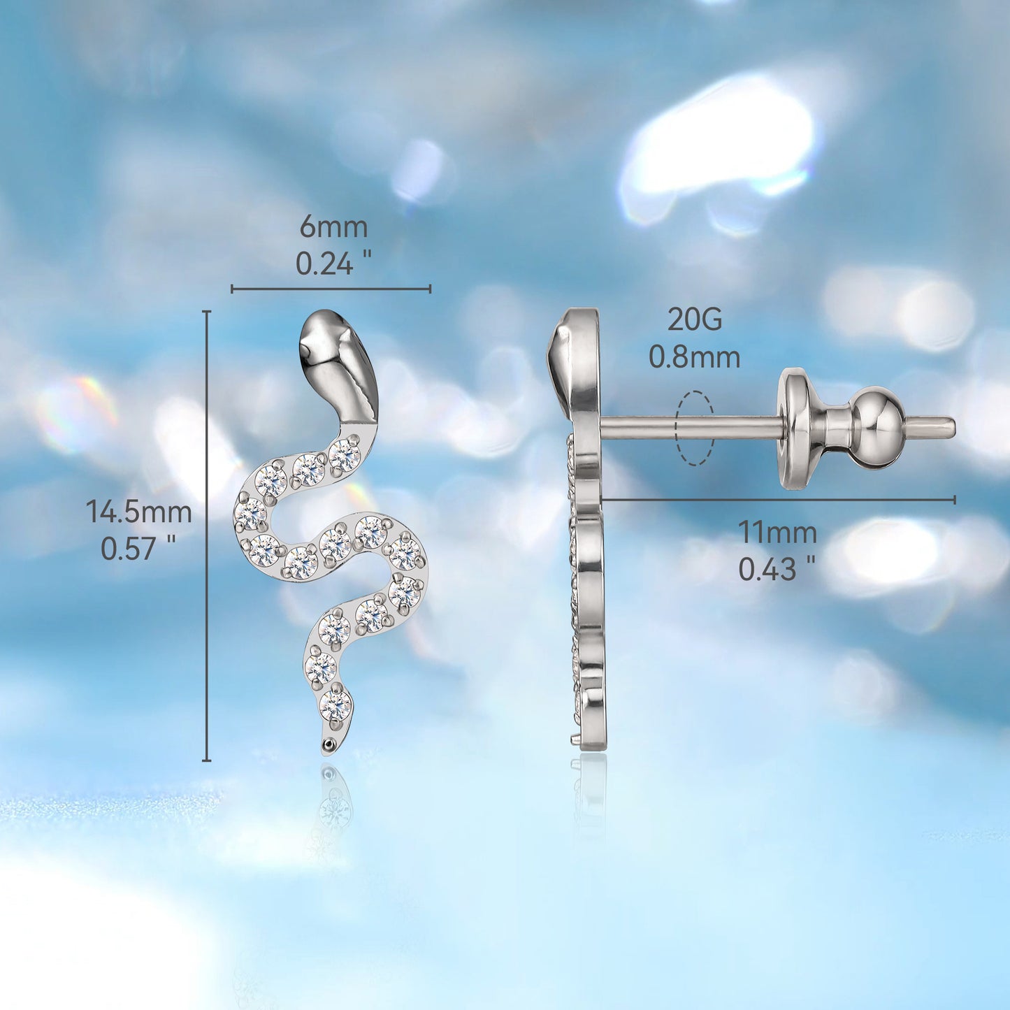 Limerencia F136 Pure Titanium Hypoallergenic Implant Grade Studs, G23 Small Dainty Cubic Zirconia Earrings for Women's Sensitive Ears(snake)