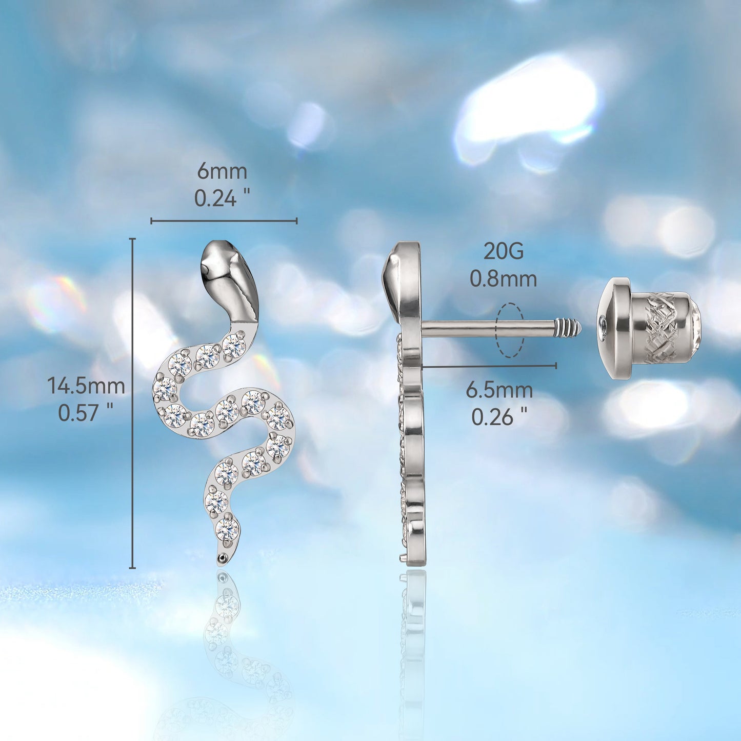 Limerencia Hypoallergenic G23 Implant Grade Titanium Screw Back Earrings Tragus 20G Helix F136 Piercing Post for Sensitive Ears Cartilage(snake)