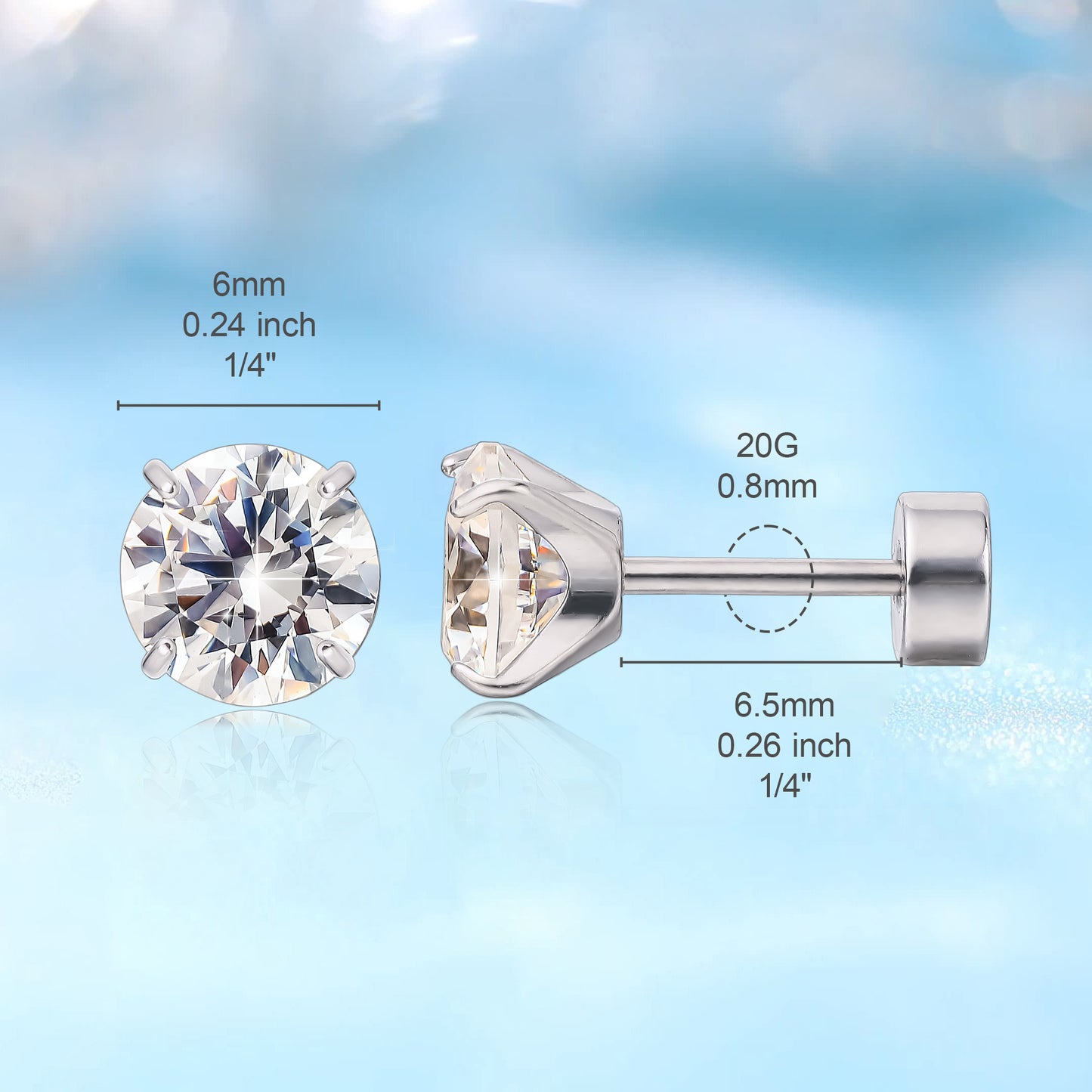 limerencia Hypoallergenic G23 Implant Grade Titanium Screw Back Earrings Tragus 20G Helix F136 Piercing Post for Sensitive Ears Cartilage (6mm)
