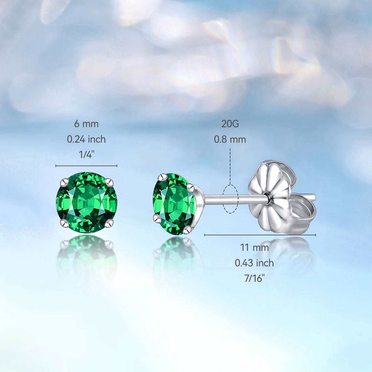 Hypoallergenic G23 Titanium Earrings, F136 Pure Titanium Implant Grade, Suitable for Sensitive Ears with Birthstone Crystals CZ Simulated Diamonds (6mm, Green)