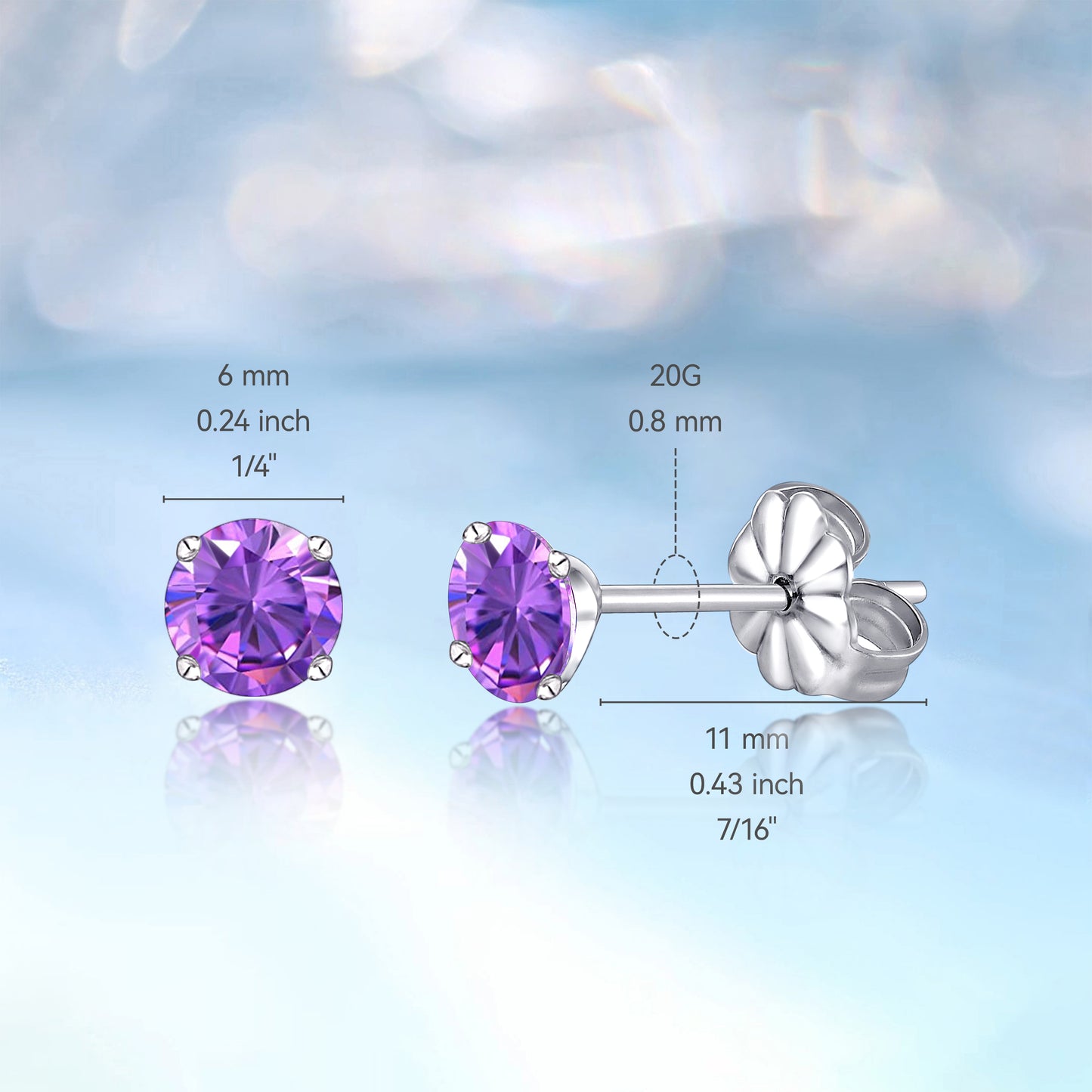 Hypoallergenic G23 Titanium Earrings, F136 Pure Titanium Implant Grade, Suitable for Sensitive Ears with Birthstone Crystals CZ Simulated Diamonds (6mm, Purple)