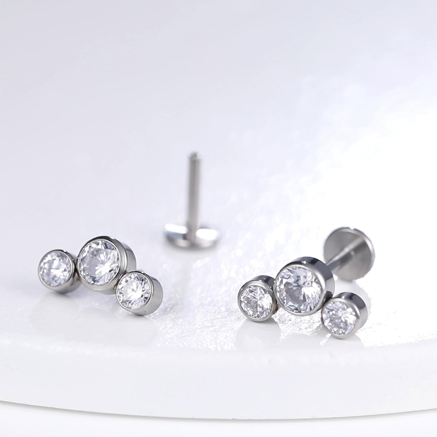 Limerencia G23 Hypoallergenic 18g Flat Back Stud Earrings | F136 Implant Grade Titanium Press Fit Threadless Push Pop in Cartilage Helix Labret Lip Monroe Tragus Piercing Studs- Three Crystal Cluster