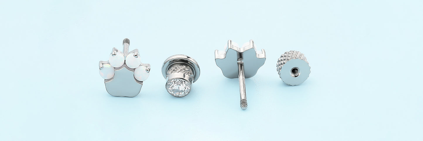 limerencia Hypoallergenic G23 Implant Grade Titanium Screw Back Earrings Tragus 20G Helix F136 Piercing Post for Girls' Sensitive Ears Cartilage- Cat Paw White Opal