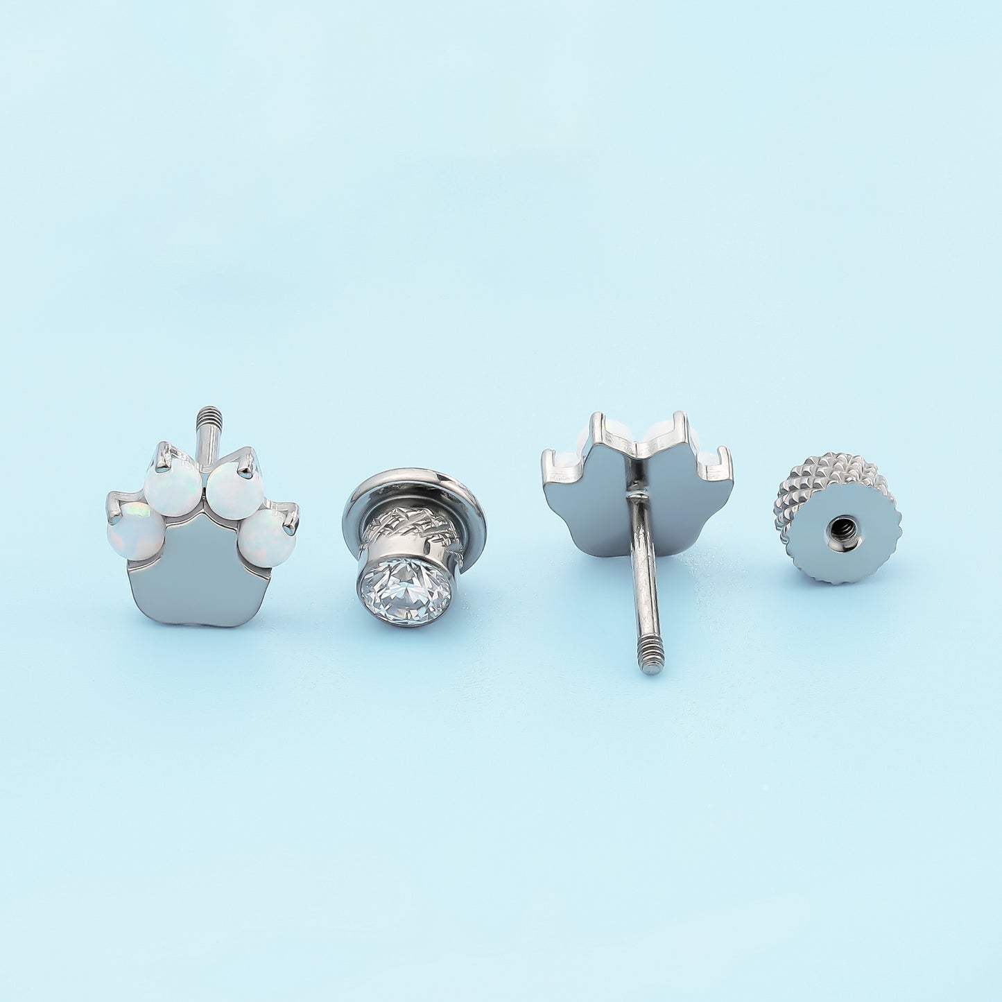 limerencia Hypoallergenic G23 Implant Grade Titanium Screw Back Earrings Tragus 20G Helix F136 Piercing Post for Girls' Sensitive Ears Cartilage- Cat Paw White Opal