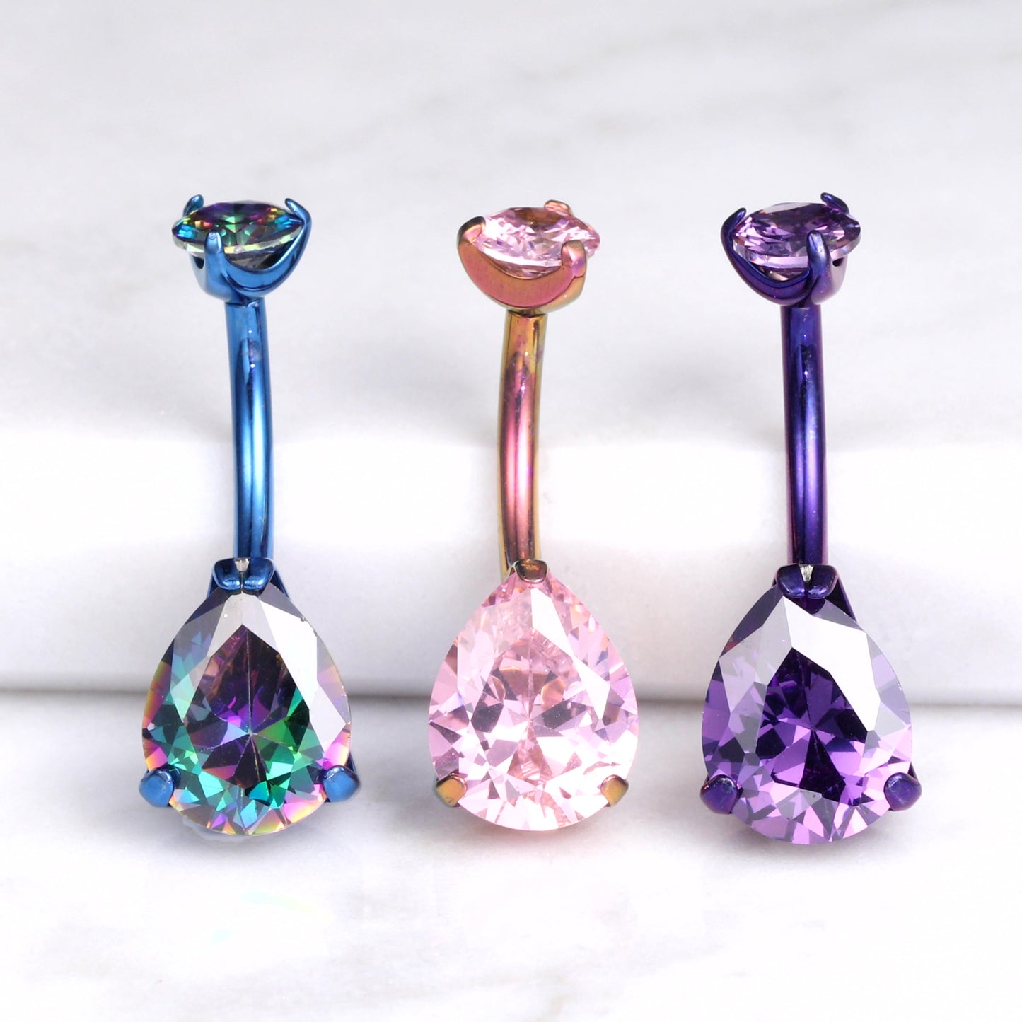 limerencia G23 Titanium Belly Button Rings hypoallergenic medical implant grade 14G Teardrop CZ Belly Navel Rings Piercing Belly Bars(Water drop belly button ring) (Black + Colorful)
