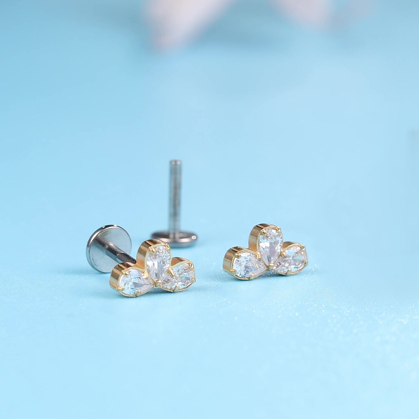 limerencia 18g Titanium Internally Threaded Tragus Piercing Jewelry CZ Top Flat Back Piercing Nose Studs Earring, Helix, Cartilage, Labret, Monroe for Women or Men- Three Water Drops