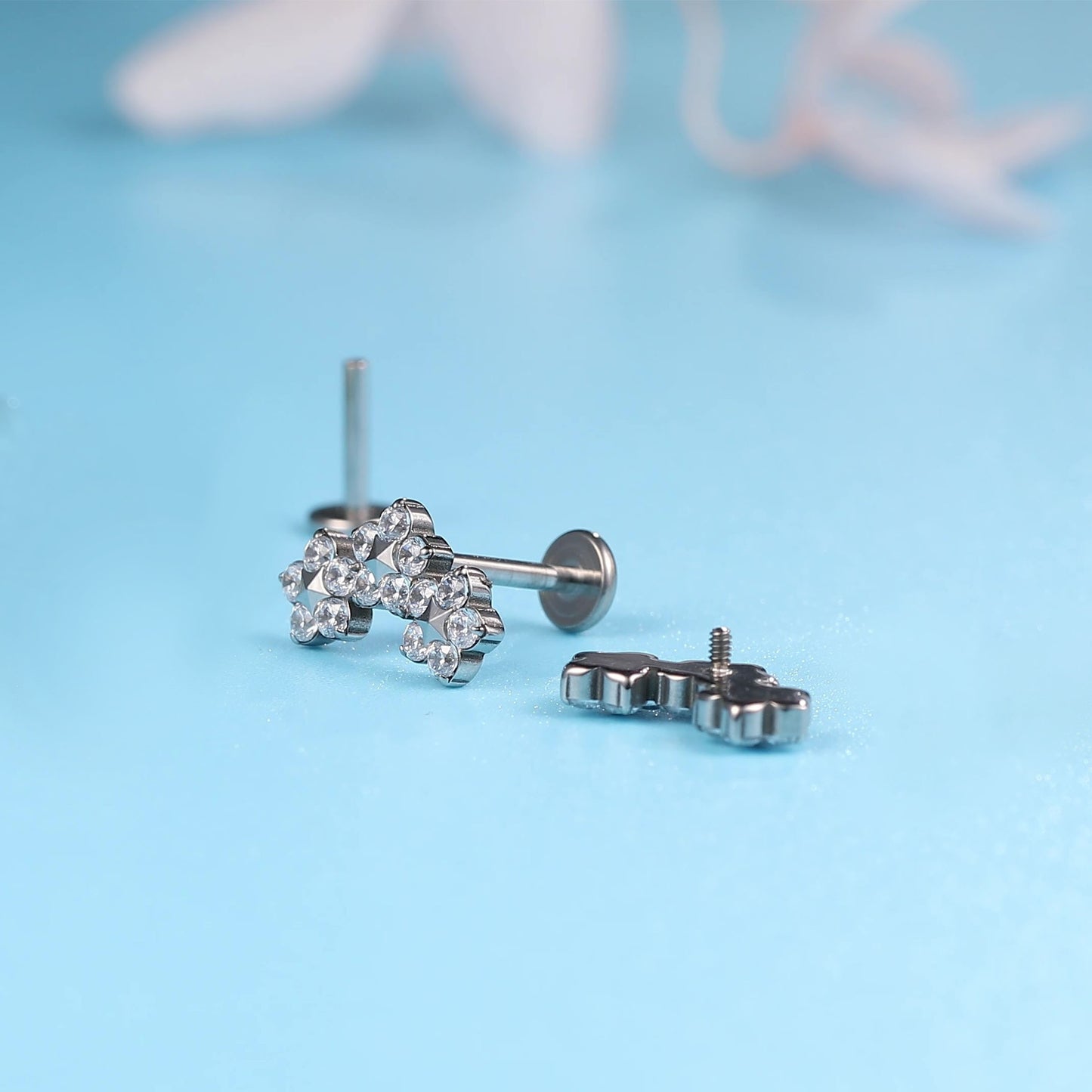 limerencia 18g Titanium Internally Threaded Tragus Piercing Jewelry CZ Top Flat Back Piercing Nose Studs Earring, Helix, Cartilage, Labret, Monroe for Women or Men- Triple Flowe