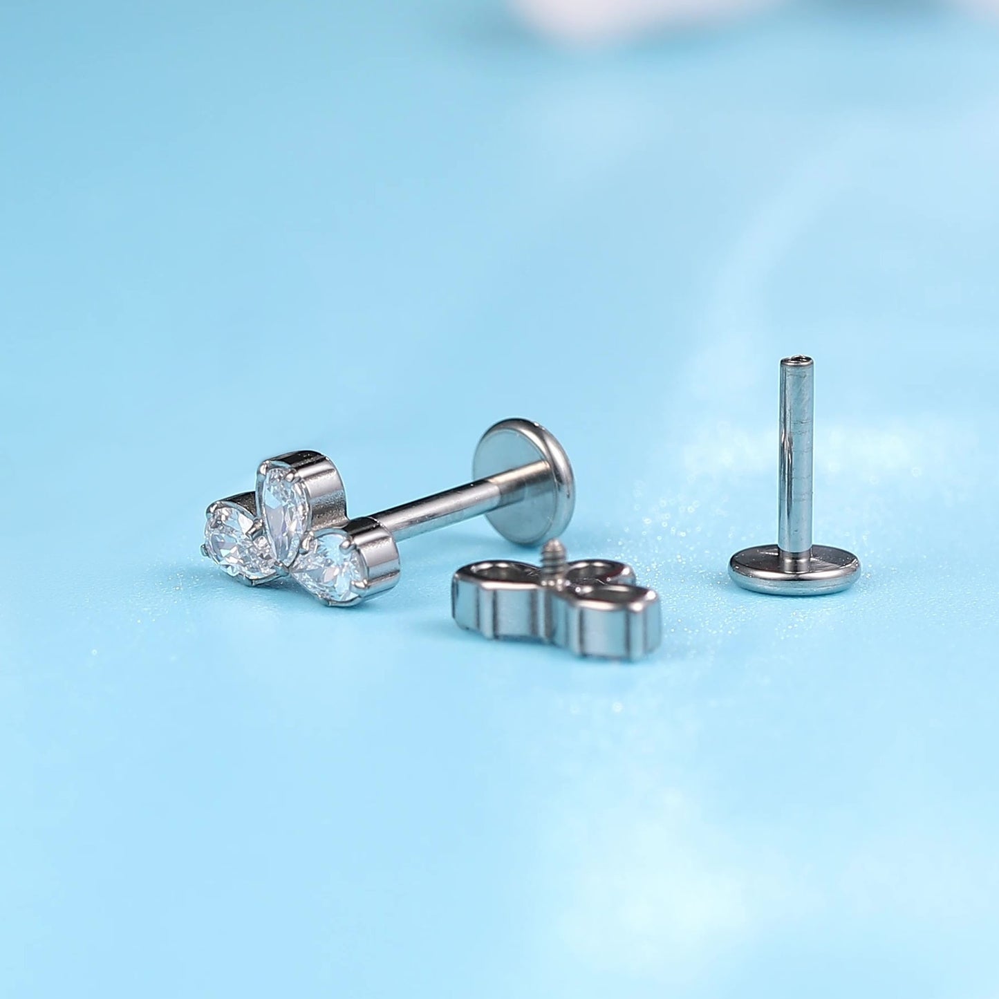 limerencia 18g Titanium Internally Threaded Tragus Piercing Jewelry CZ Top Flat Back Piercing Nose Studs Earring, Helix, Cartilage, Labret, Monroe for Women or Men- Three Water Drops
