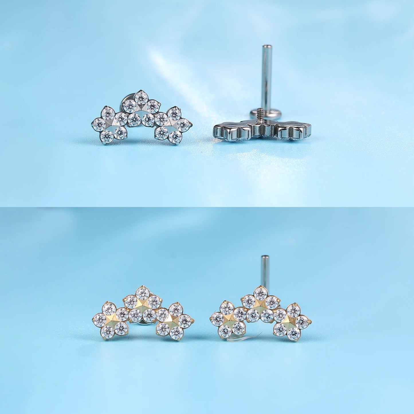 limerencia 18g Titanium Internally Threaded Tragus Piercing Jewelry CZ Top Flat Back Piercing Nose Studs Earring, Helix, Cartilage, Labret, Monroe for Women or Men- Triple Flowe