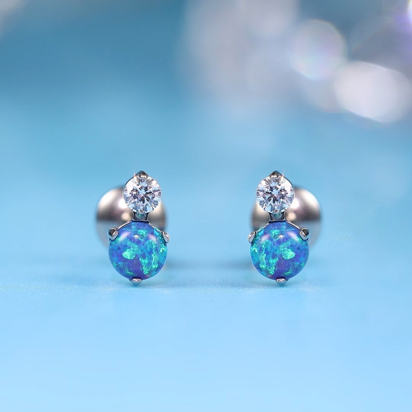 limerencia Hypoallergenic G23 Implant Grade Titanium Screw Back Earrings Tragus 20G Helix F136 Piercing Post for Girls' Sensitive Ears Cartilage- CZ + Green Opal