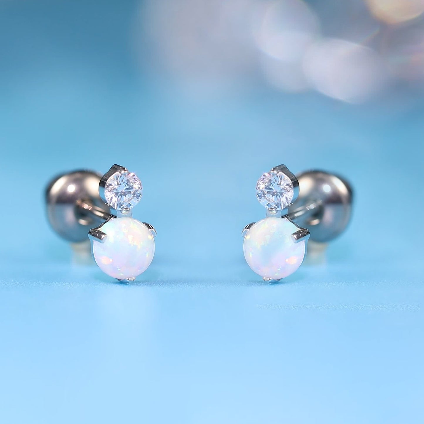 limerencia Hypoallergenic G23 Implant Grade Titanium Screw Back Earrings Tragus 20G Helix F136 Piercing Post for Girls' Sensitive Ears Cartilage- CZ + White Opal
