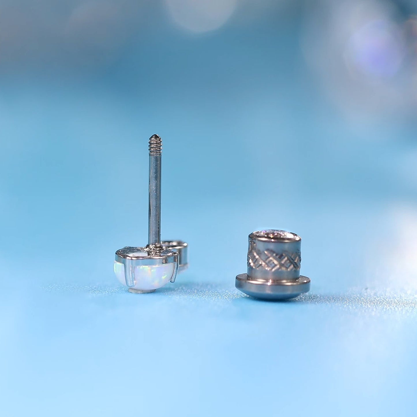 limerencia Hypoallergenic G23 Implant Grade Titanium Screw Back Earrings Tragus 20G Helix F136 Piercing Post for Girls' Sensitive Ears Cartilage- CZ + White Opal
