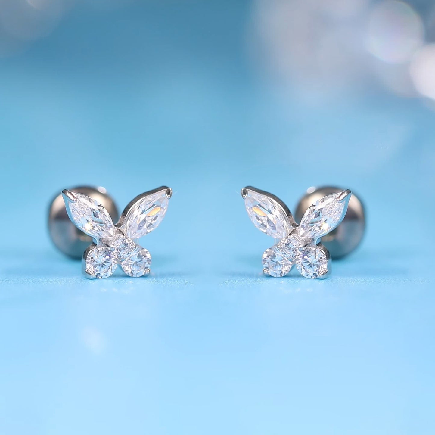 limerencia Hypoallergenic G23 Implant Grade Titanium Screw Back Earrings Tragus 20G Helix F136 Piercing Post for Girls' Sensitive Ears Cartilage- Butterfly White CZ