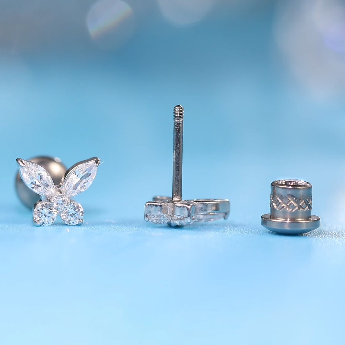 limerencia Hypoallergenic G23 Implant Grade Titanium Screw Back Earrings Tragus 20G Helix F136 Piercing Post for Girls' Sensitive Ears Cartilage- Butterfly White CZ