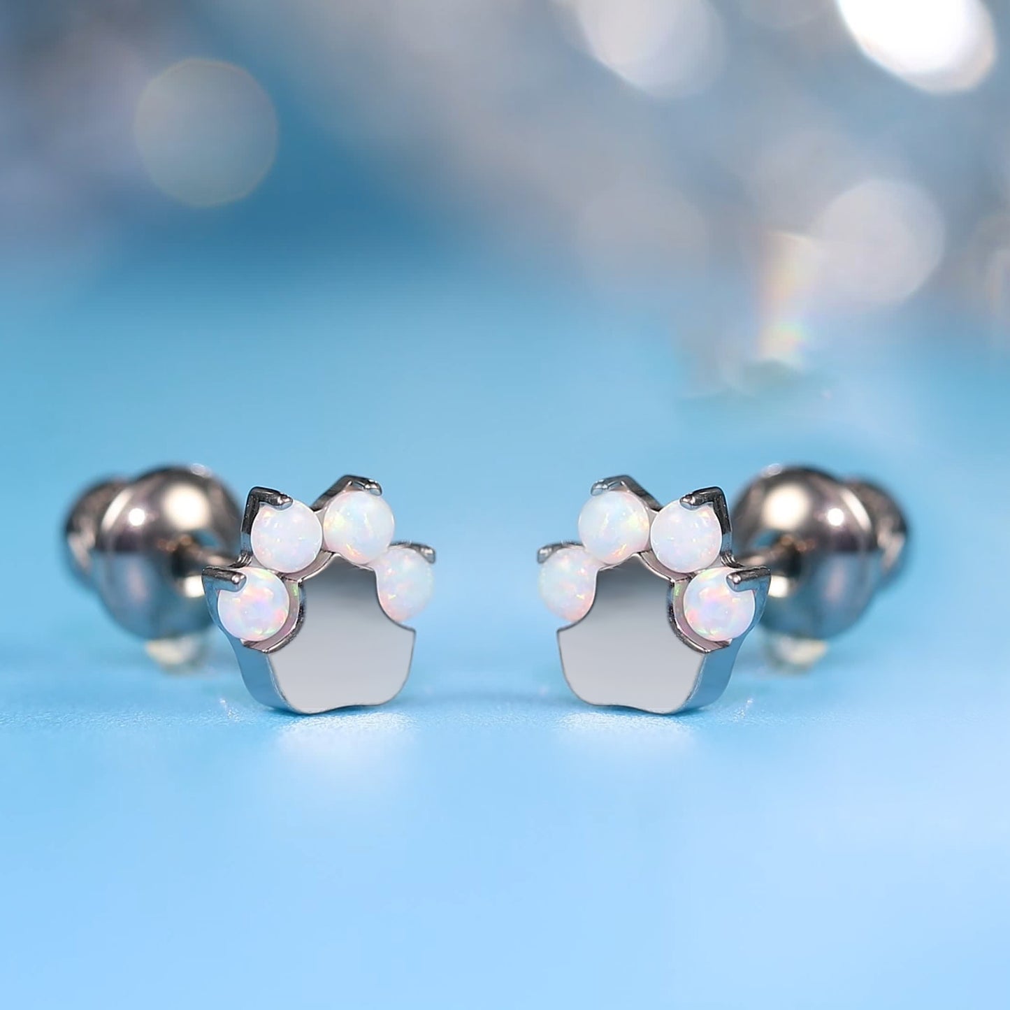 limerencia Hypoallergenic G23 Implant Grade Titanium Screw Back Earrings Tragus 20G Helix F136 Piercing Post for Girls' Sensitive Ears Cartilage- Cat Paw White Opal