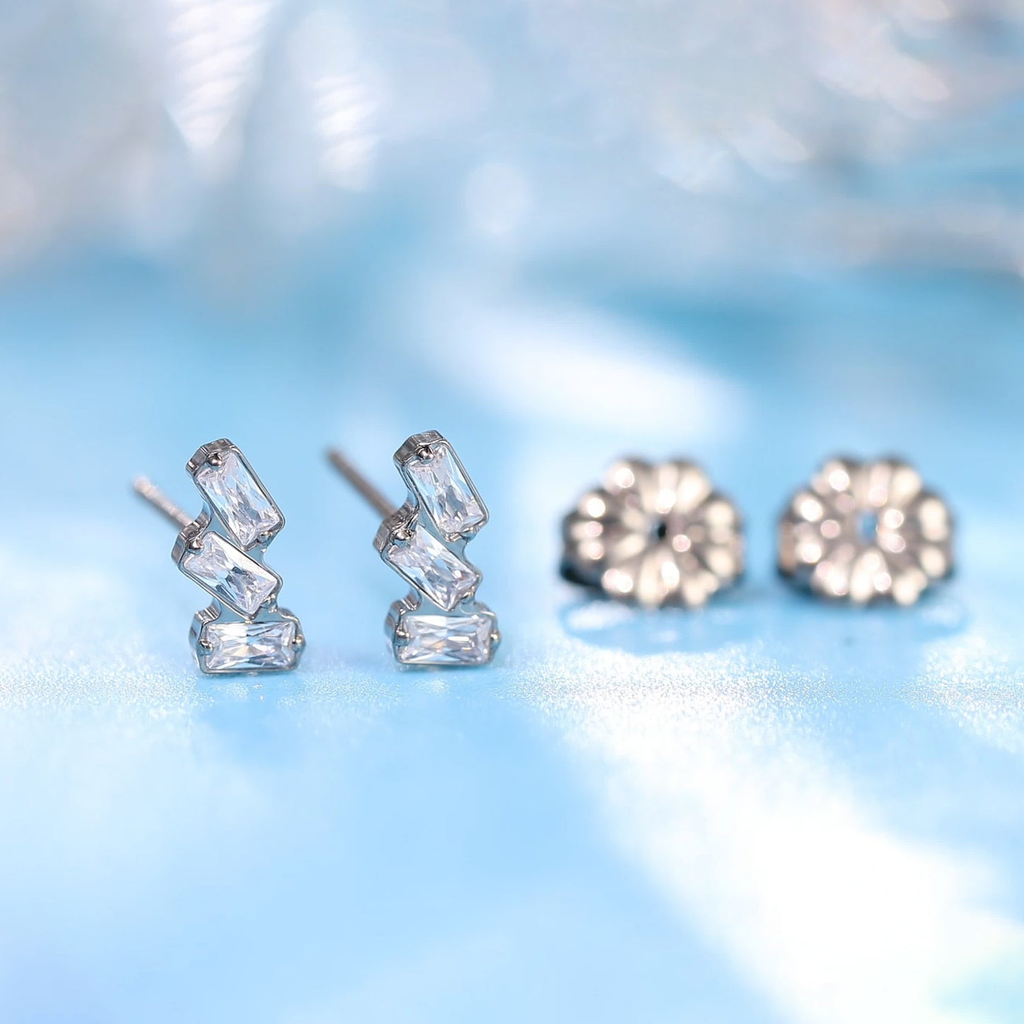 Limerencia G23 Pure Titanium Hypoallergenic Earrings | Triple Baguette Gem F136 Implant Grade Titanium Jewelry for Sensitive Ears