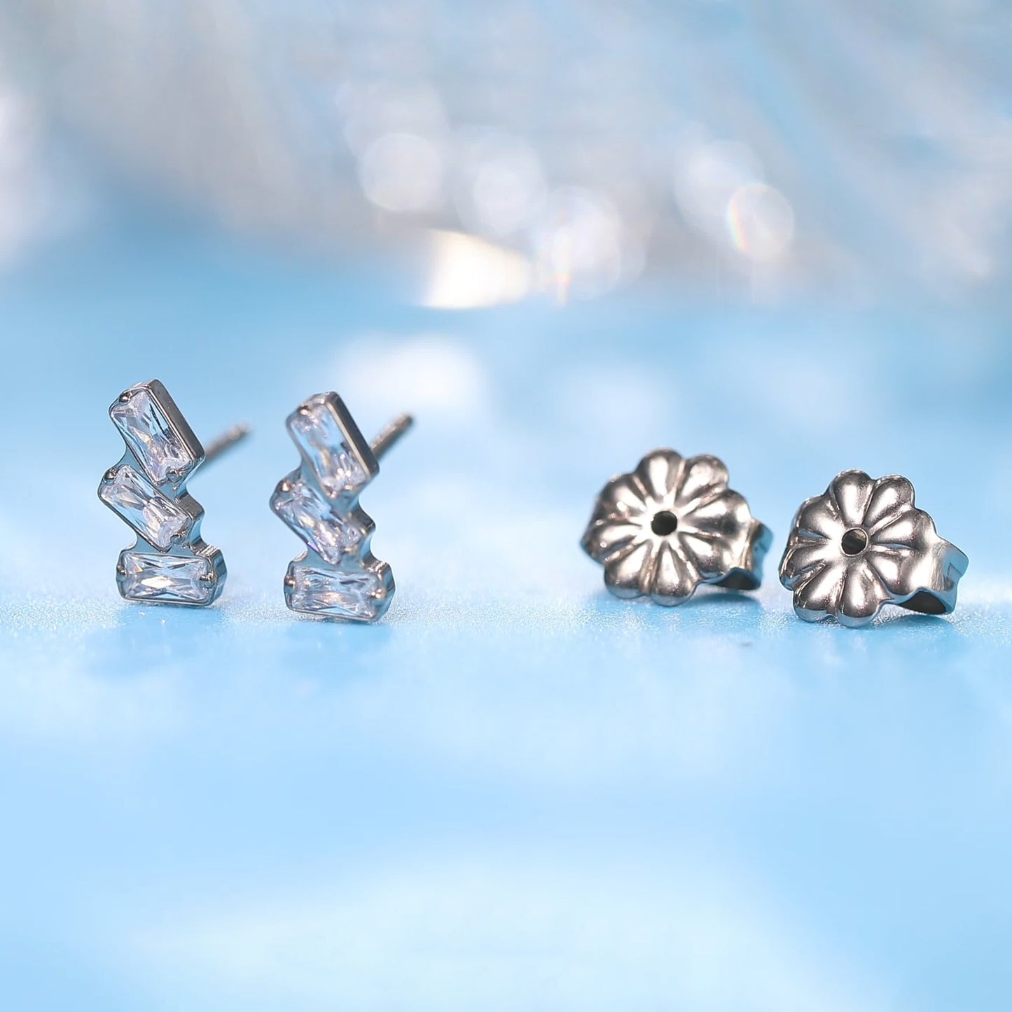 Limerencia G23 Pure Titanium Hypoallergenic Earrings | Triple Baguette Gem F136 Implant Grade Titanium Jewelry for Sensitive Ears