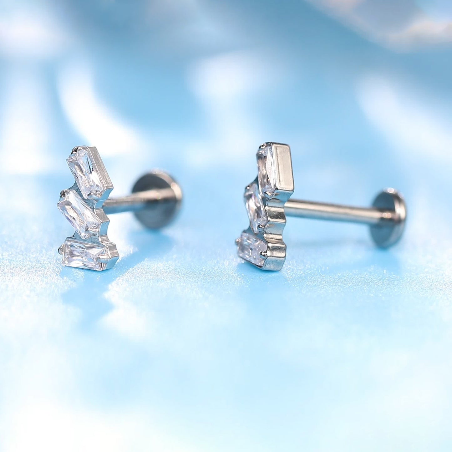 limerencia 18g Titanium Internally Threaded Tragus Piercing Jewelry CZ Top Flat Back Piercing Nose Studs Earring, Helix, Cartilage, Labret, Monroe for Women or Men- Triple Baguette Gem