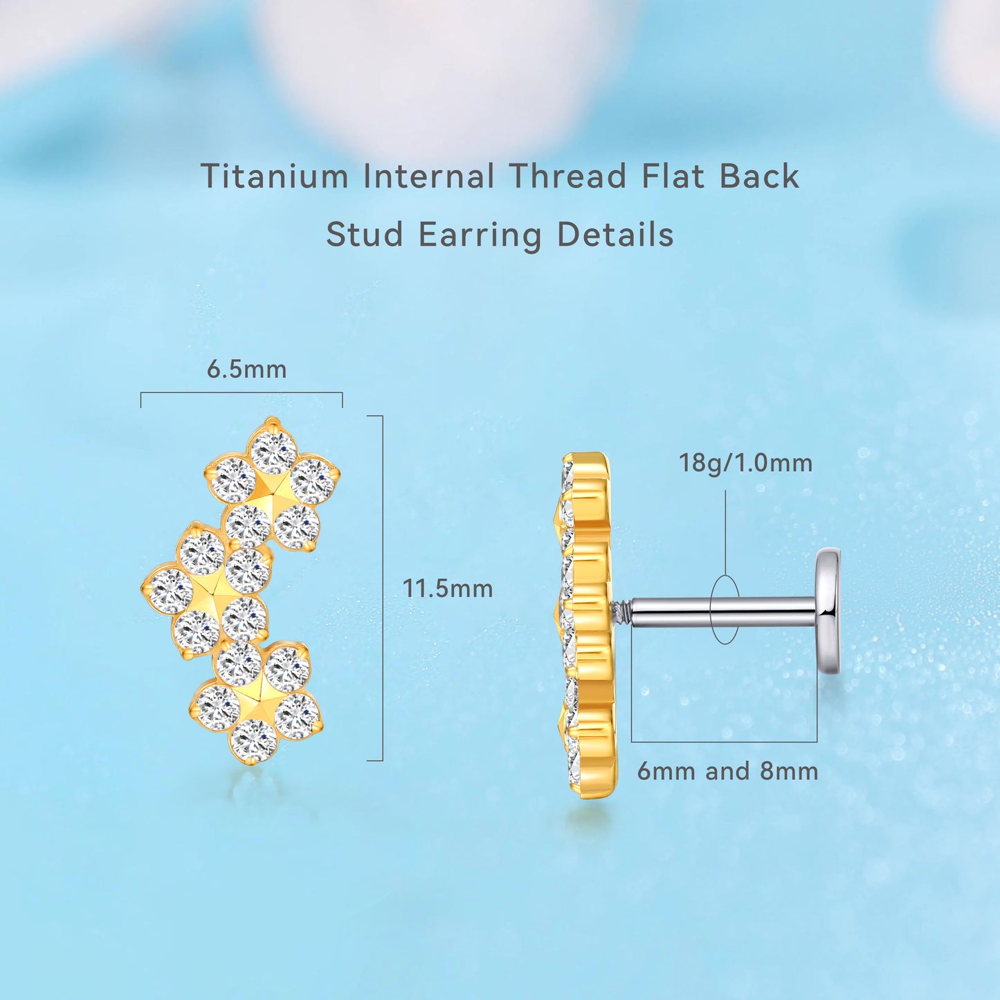 limerencia 18g Titanium Internally Threaded Tragus Piercing Jewelry CZ Top Flat Back Piercing Nose Studs Earring, Helix, Cartilage, Labret, Monroe for Women or Men- Triple Flowe