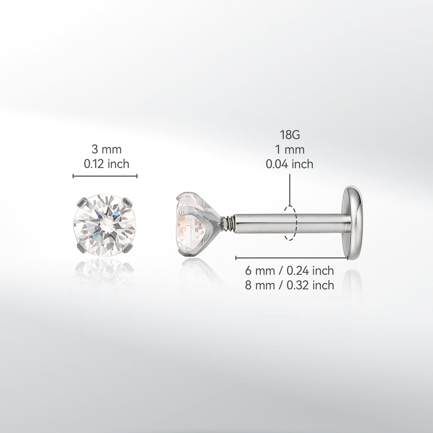 limerencia Titanium Hypoallergenic Piercing Jewelry - 18G 6mm 8mm 10mm For Tragus,Helix,Conch,Cartilage,Nose,Lip,F136 Implant Grade Flat Back Internally Threaded Stud Earrings (White CZ 2mm)