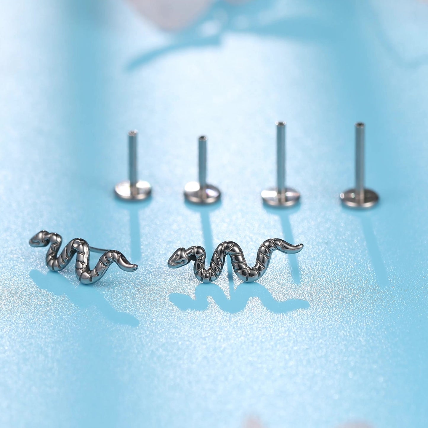 Limerencia G23 Hypoallergenic 18g Flat Back Stud Earrings | F136 Implant Grade Titanium Press Fit Threadless Push Pop in Cartilage Helix Labret Lip Monroe Tragus Piercing Studs- Snake