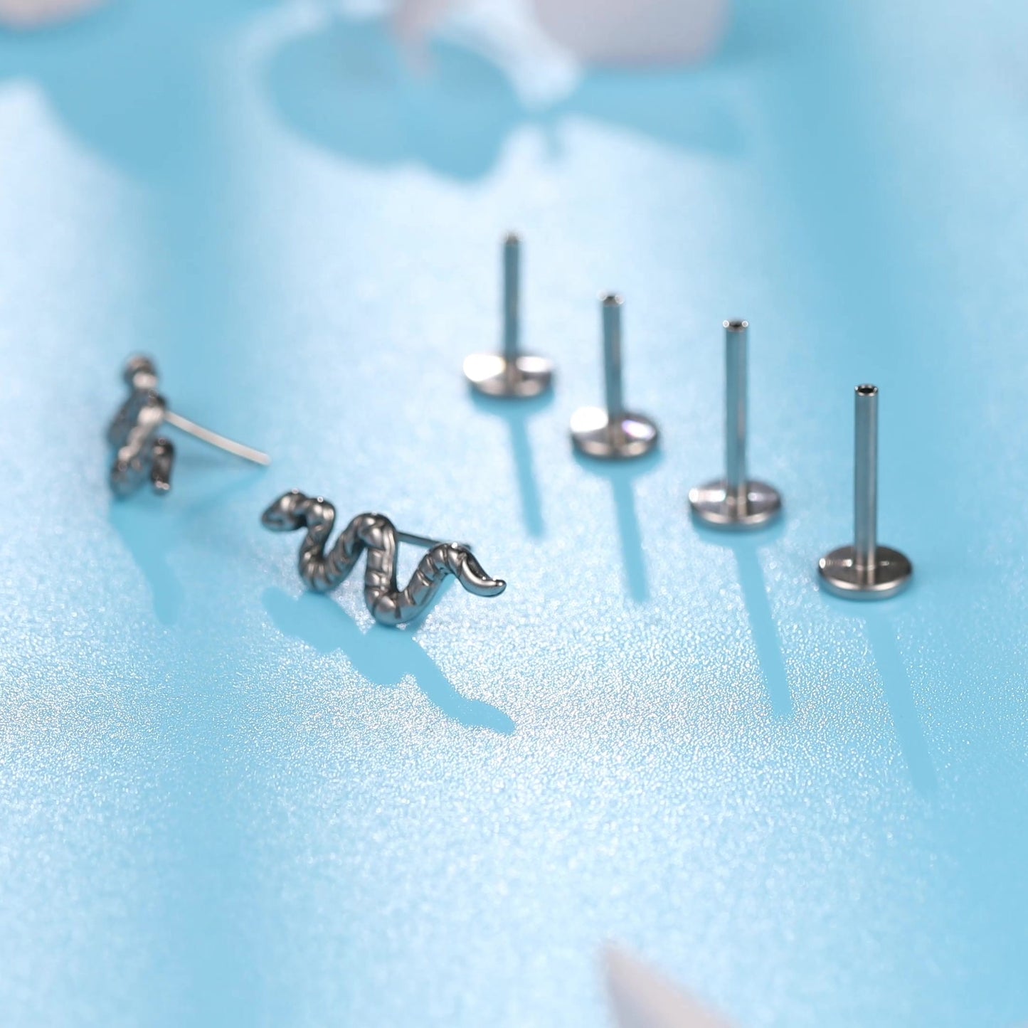 Limerencia G23 Hypoallergenic 18g Flat Back Stud Earrings | F136 Implant Grade Titanium Press Fit Threadless Push Pop in Cartilage Helix Labret Lip Monroe Tragus Piercing Studs- Snake