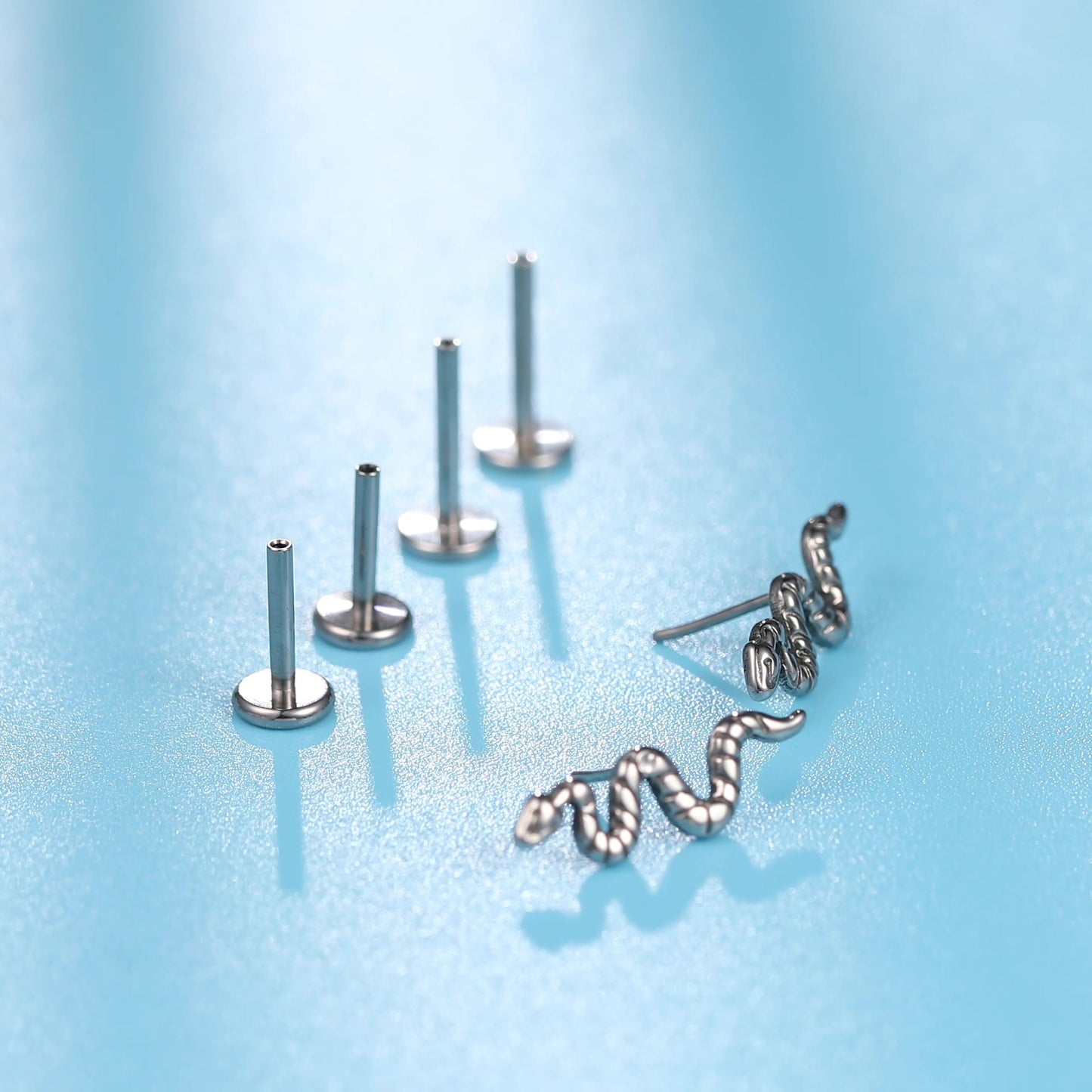 Limerencia G23 Hypoallergenic 18g Flat Back Stud Earrings | F136 Implant Grade Titanium Press Fit Threadless Push Pop in Cartilage Helix Labret Lip Monroe Tragus Piercing Studs- Snake