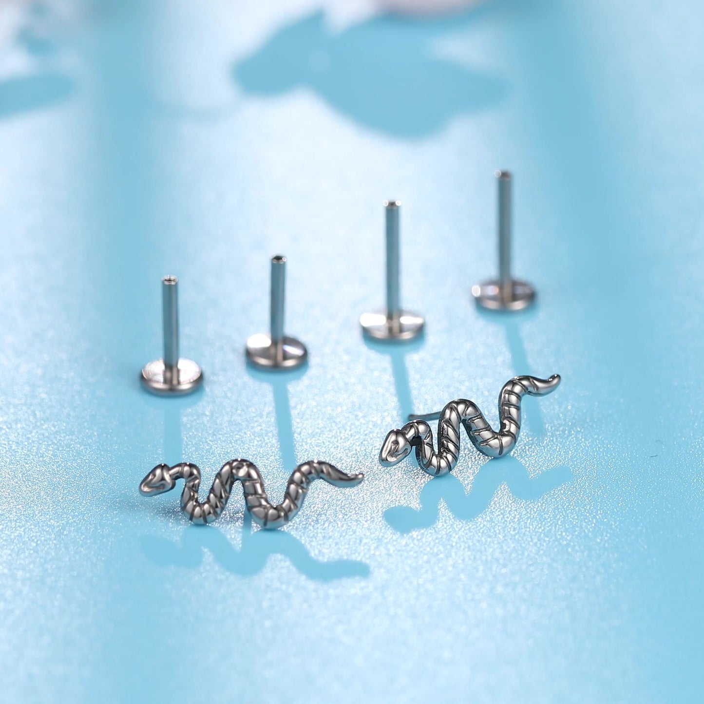 Limerencia G23 Hypoallergenic 18g Flat Back Stud Earrings | F136 Implant Grade Titanium Press Fit Threadless Push Pop in Cartilage Helix Labret Lip Monroe Tragus Piercing Studs- Snake