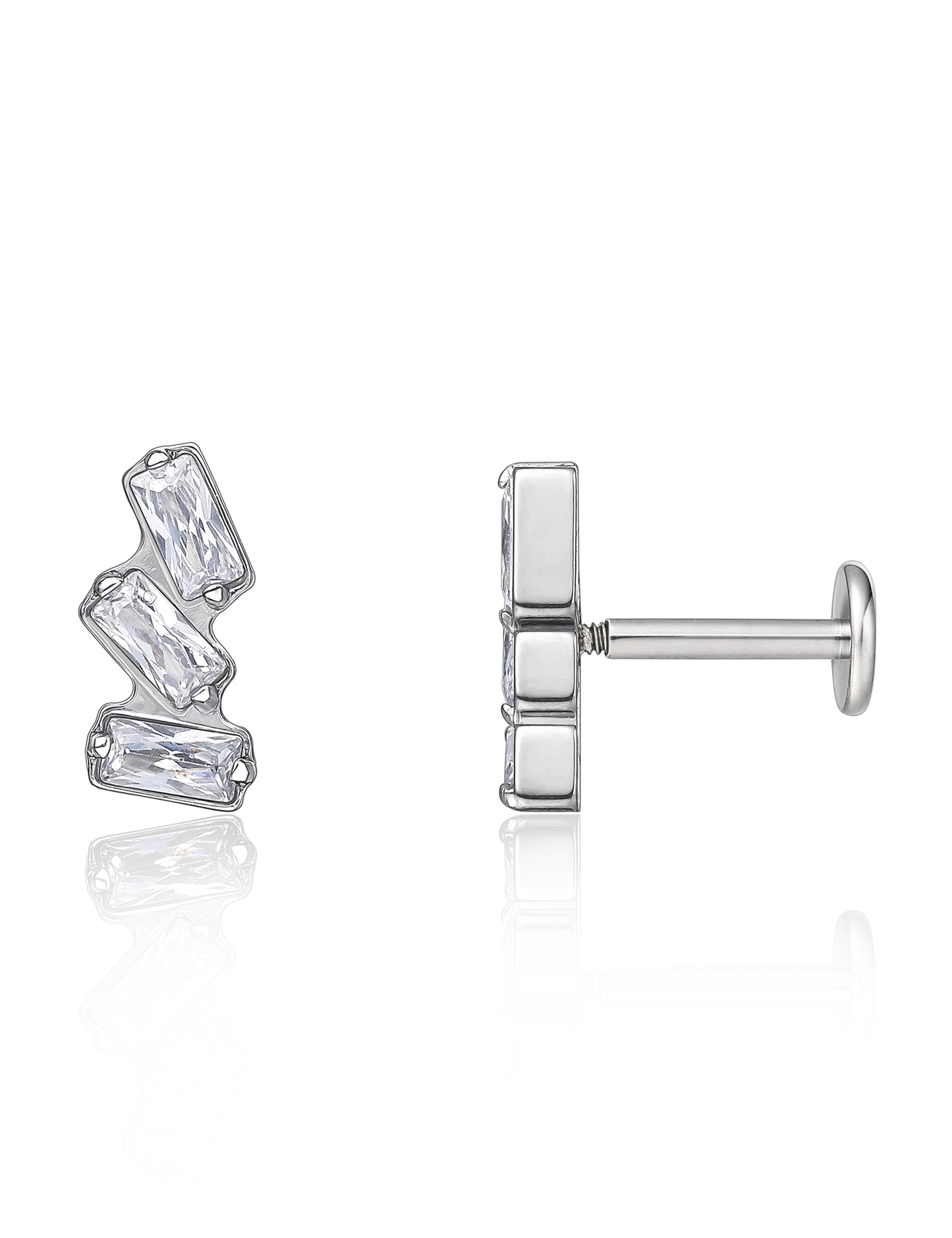 limerencia 18g Titanium Internally Threaded Tragus Piercing Jewelry CZ Top Flat Back Piercing Nose Studs Earring, Helix, Cartilage, Labret, Monroe for Women or Men- Triple Baguette Gem