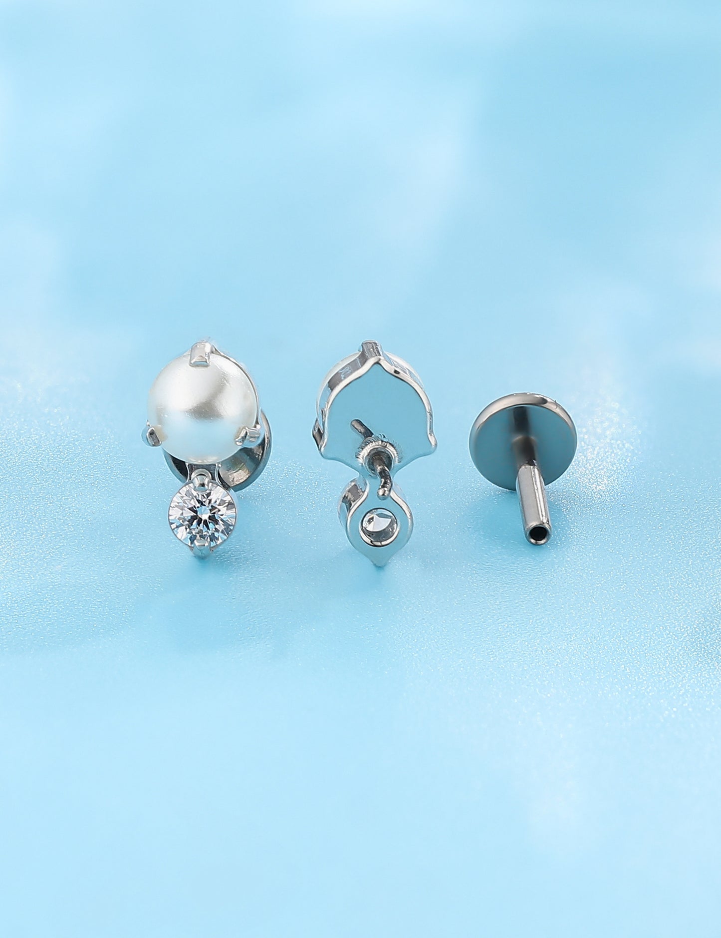 Limerencia G23 Hypoallergenic 18g Flat Back Stud Earrings | F136 Implant Grade Titanium Press Fit Threadless Push Pop in Cartilage Helix Labret Lip Monroe Tragus Piercing Studs- CZ + Pearl