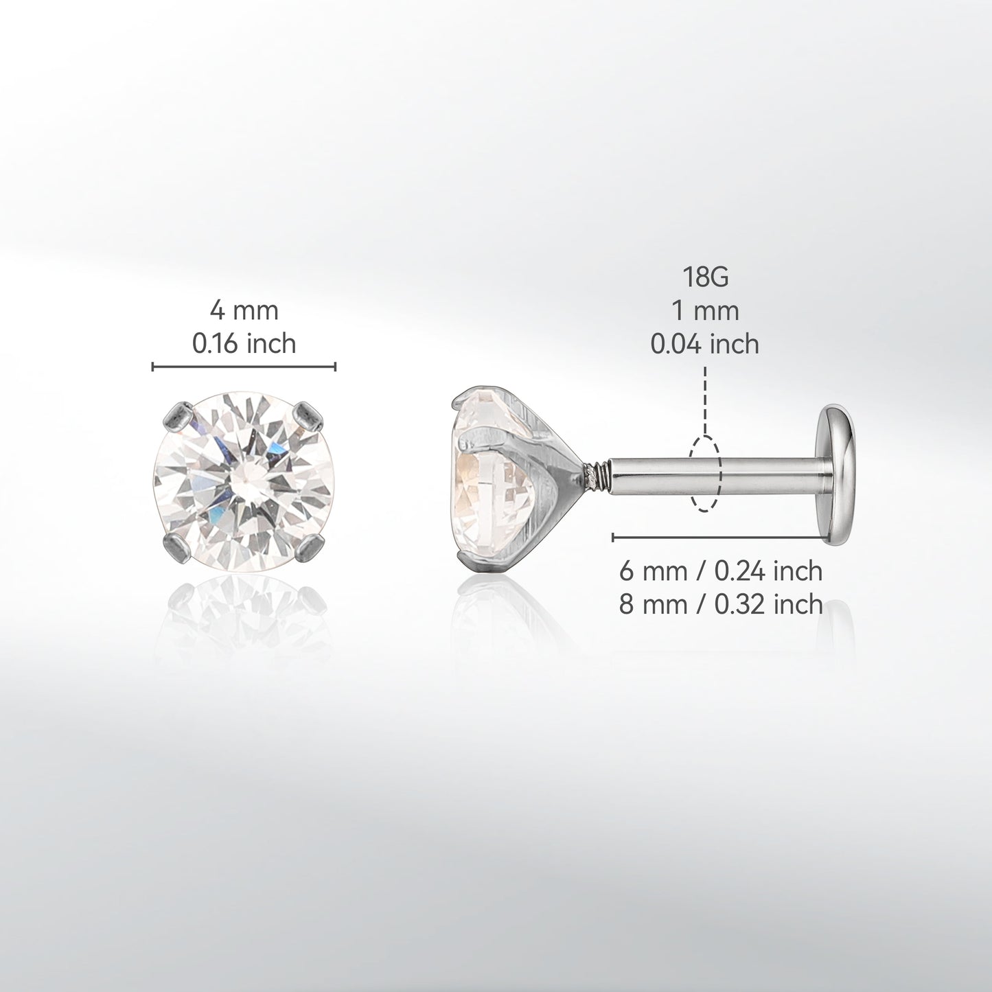 limerencia Titanium Hypoallergenic Piercing Jewelry - 18G 6mm 8mm 10mm For Tragus,Helix,Conch,Cartilage,Nose,Lip,F136 Implant Grade Flat Back Internally Threaded Stud Earrings (White CZ 2mm)