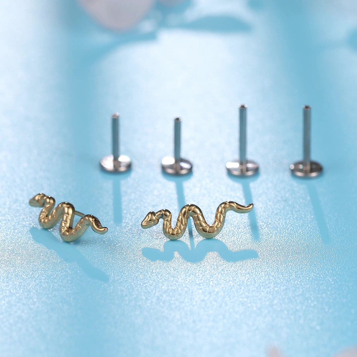 Limerencia G23 Hypoallergenic 18g Flat Back Stud Earrings | F136 Implant Grade Titanium Press Fit Threadless Push Pop in Cartilage Helix Labret Lip Monroe Tragus Piercing Studs- Snake