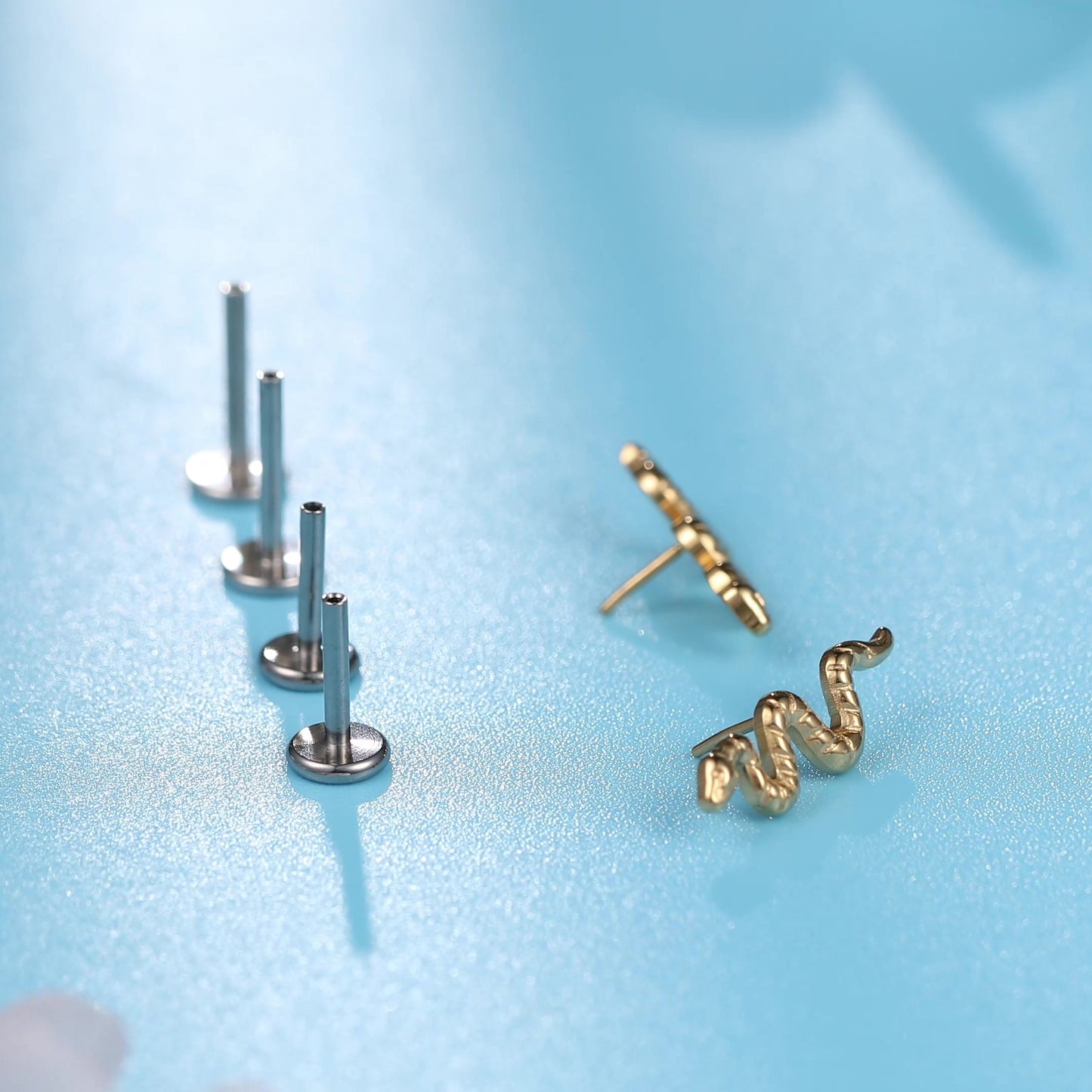 Limerencia G23 Hypoallergenic 18g Flat Back Stud Earrings | F136 Implant Grade Titanium Press Fit Threadless Push Pop in Cartilage Helix Labret Lip Monroe Tragus Piercing Studs- Snake