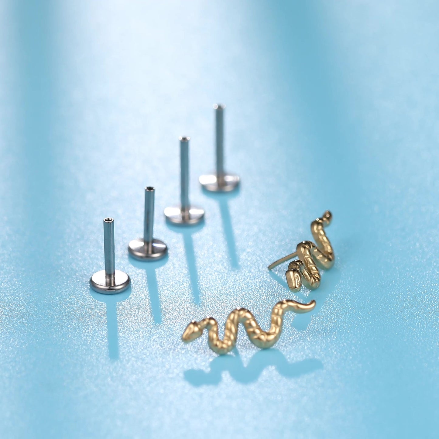 Limerencia G23 Hypoallergenic 18g Flat Back Stud Earrings | F136 Implant Grade Titanium Press Fit Threadless Push Pop in Cartilage Helix Labret Lip Monroe Tragus Piercing Studs- Snake
