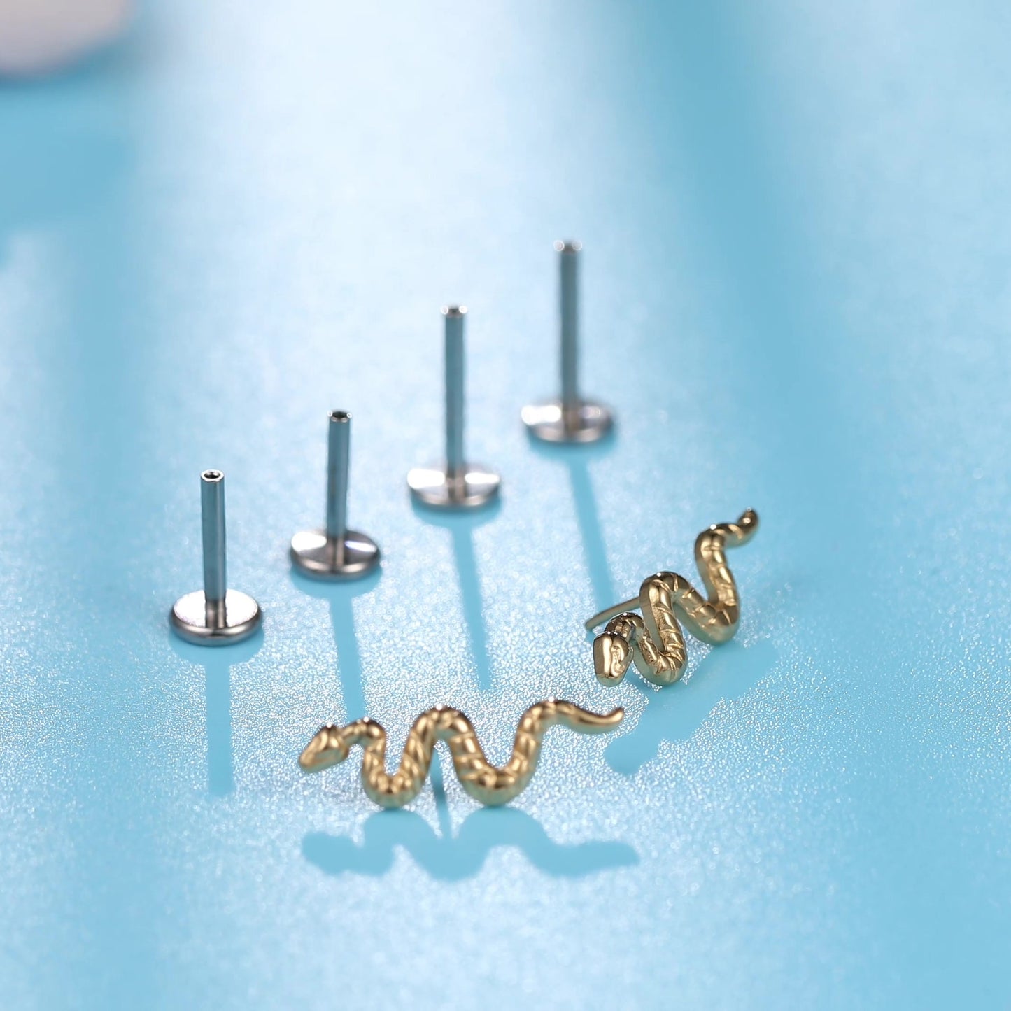 Limerencia G23 Hypoallergenic 18g Flat Back Stud Earrings | F136 Implant Grade Titanium Press Fit Threadless Push Pop in Cartilage Helix Labret Lip Monroe Tragus Piercing Studs- Snake