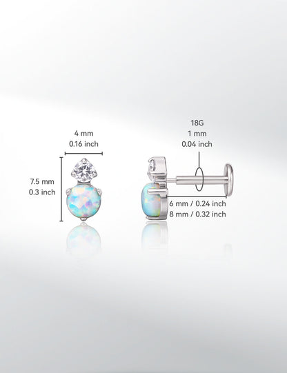 Limerencia G23 Hypoallergenic 18g Flat Back Stud Earrings | F136 Implant Grade Titanium Press Fit Threadless Push Pop in Cartilage Helix Labret Lip Monroe Tragus Piercing Studs- CZ + White Opal