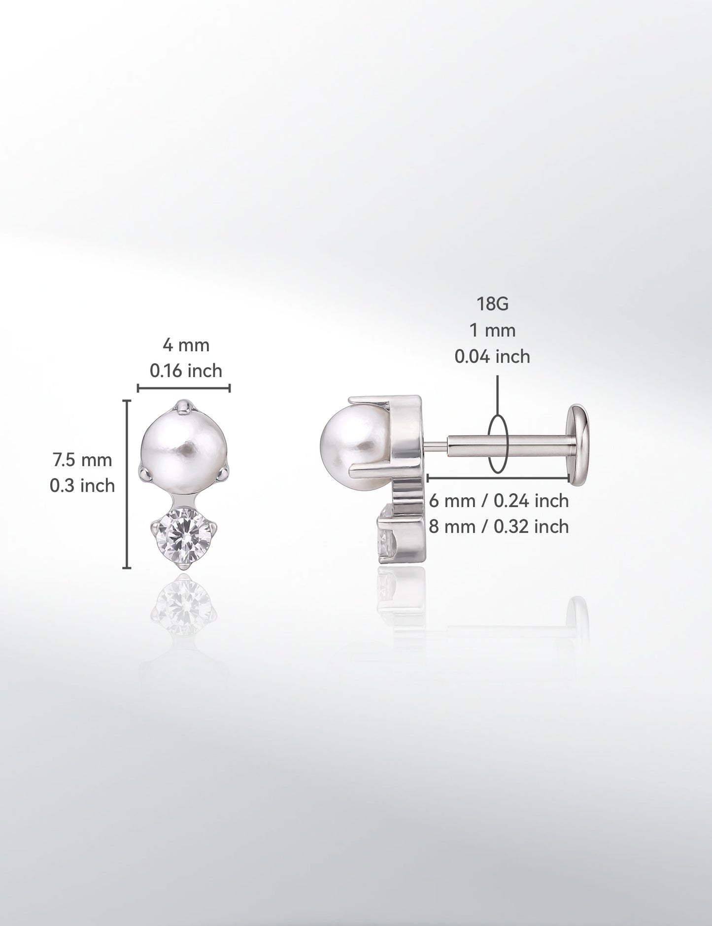 Limerencia G23 Hypoallergenic 18g Flat Back Stud Earrings | F136 Implant Grade Titanium Press Fit Threadless Push Pop in Cartilage Helix Labret Lip Monroe Tragus Piercing Studs- CZ + Pearl
