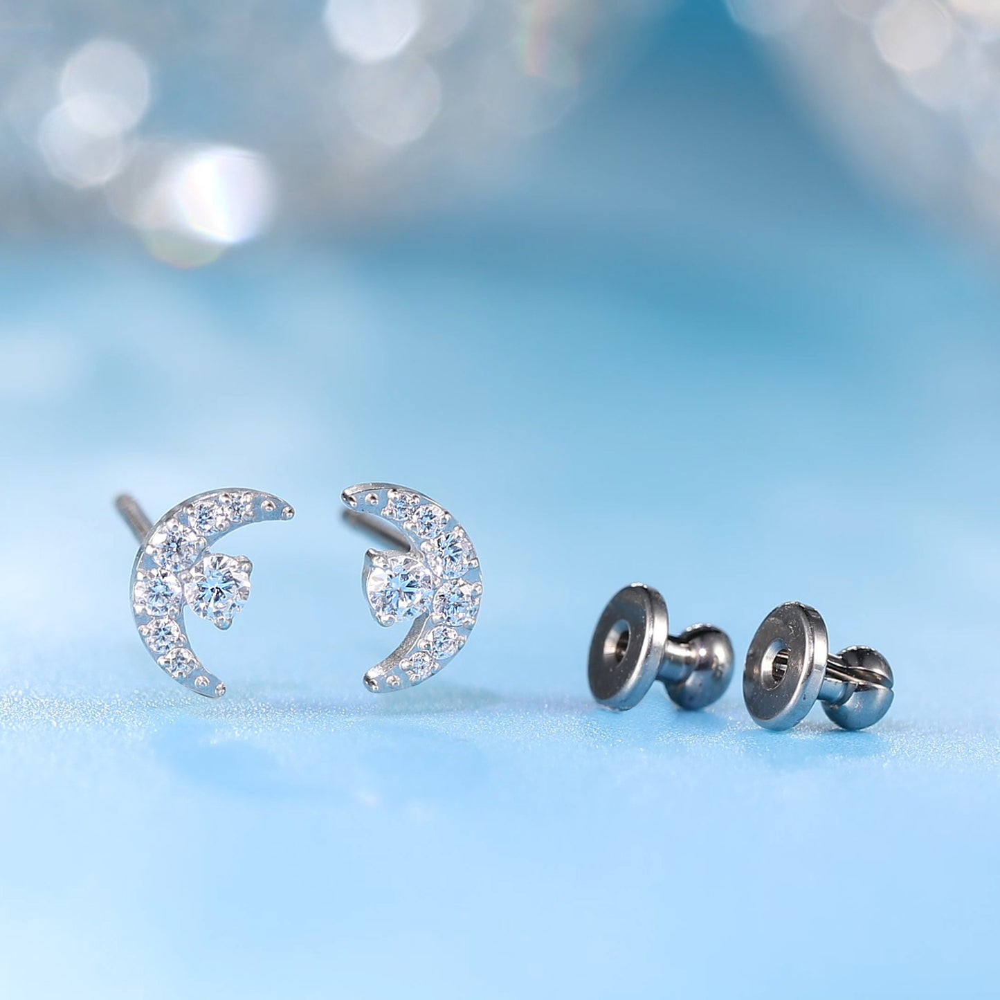 Limerencia F136 Pure Titanium Hypoallergenic Implant Grade Studs, G23 Small Dainty Cubic Zirconia Earrings for Women's Sensitive Ears(sun moon)