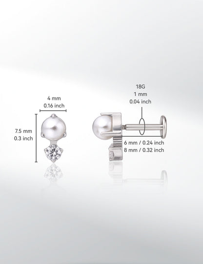 limerencia 18g Titanium Internally Threaded Tragus Piercing Jewelry CZ Top Flat Back Piercing Nose Studs Earring, Helix, Cartilage, Labret, Monroe for Women or Men- CZ + Pearl