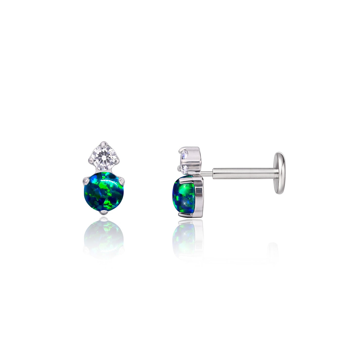 Limerencia G23 Hypoallergenic 18g Flat Back Stud Earrings | F136 Implant Grade Titanium Press Fit Threadless Push Pop in Cartilage Helix Labret Lip Monroe Tragus Piercing Studs- CZ + Green Opal