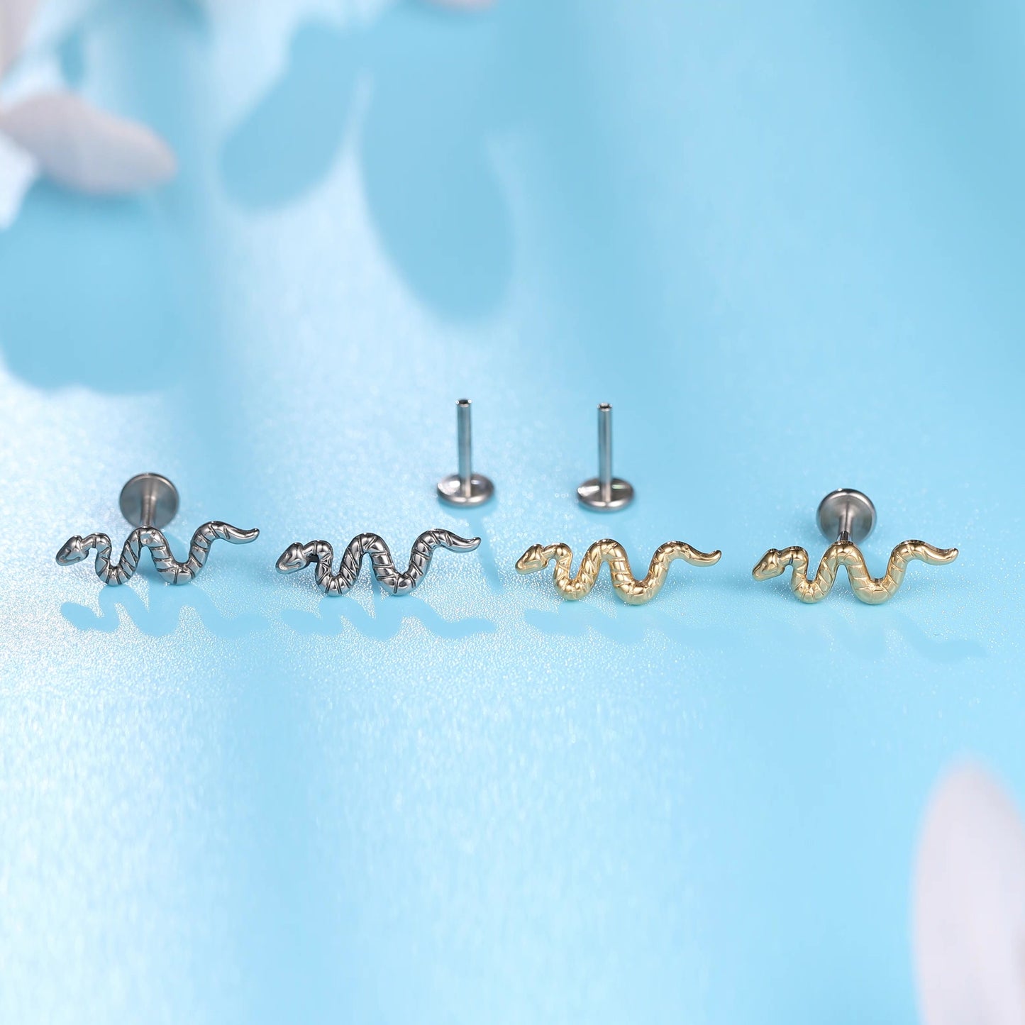 Limerencia G23 Hypoallergenic 18g Flat Back Stud Earrings | F136 Implant Grade Titanium Press Fit Threadless Push Pop in Cartilage Helix Labret Lip Monroe Tragus Piercing Studs- Snake