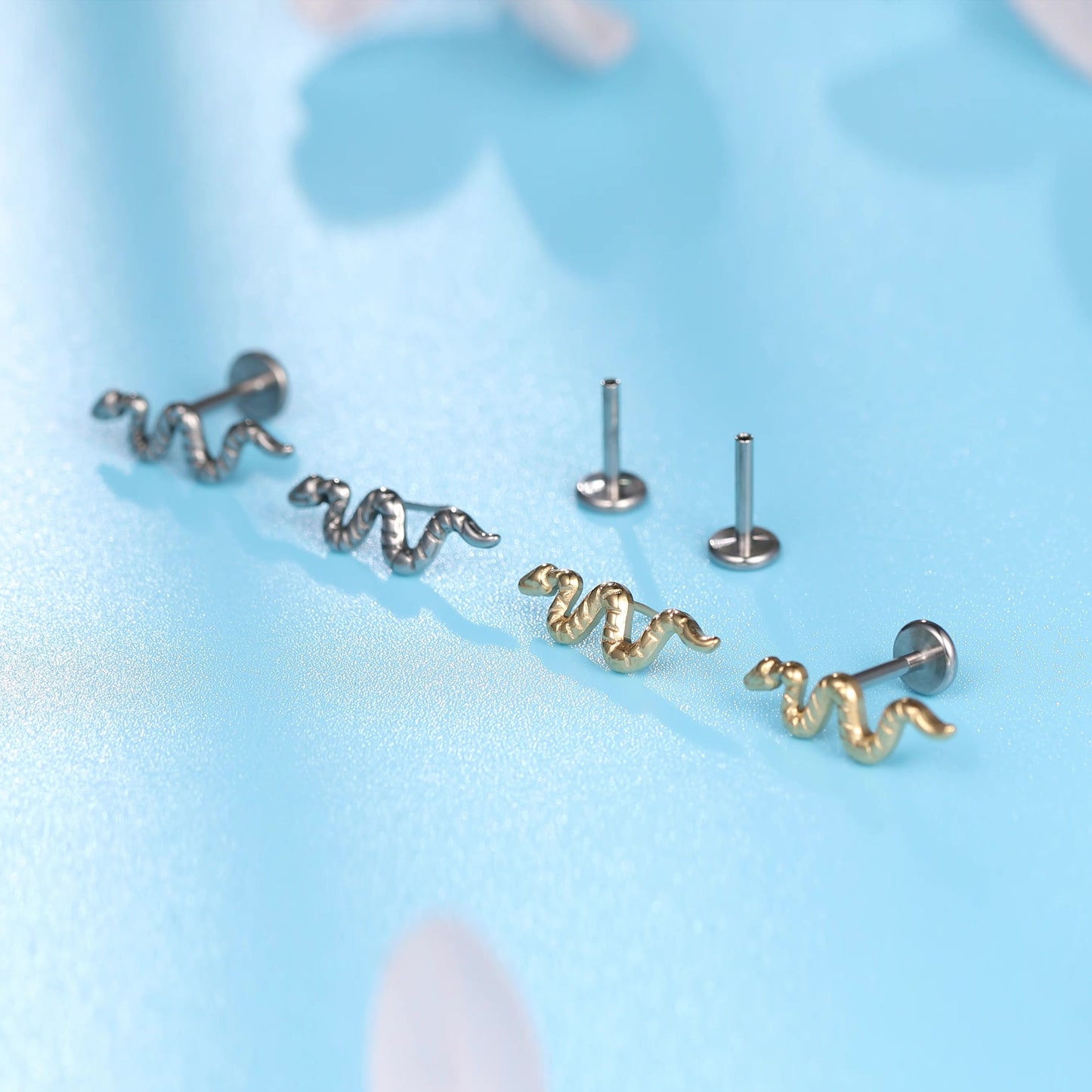 Limerencia G23 Hypoallergenic 18g Flat Back Stud Earrings | F136 Implant Grade Titanium Press Fit Threadless Push Pop in Cartilage Helix Labret Lip Monroe Tragus Piercing Studs- Snake