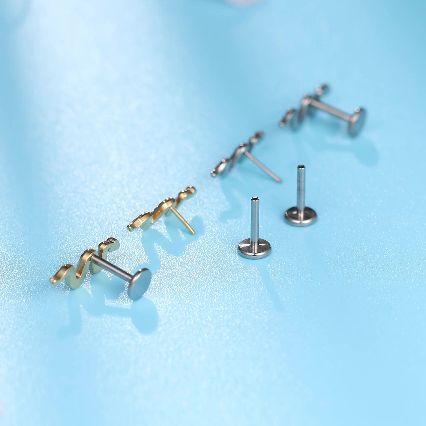 Limerencia G23 Hypoallergenic 18g Flat Back Stud Earrings | F136 Implant Grade Titanium Press Fit Threadless Push Pop in Cartilage Helix Labret Lip Monroe Tragus Piercing Studs- Snake