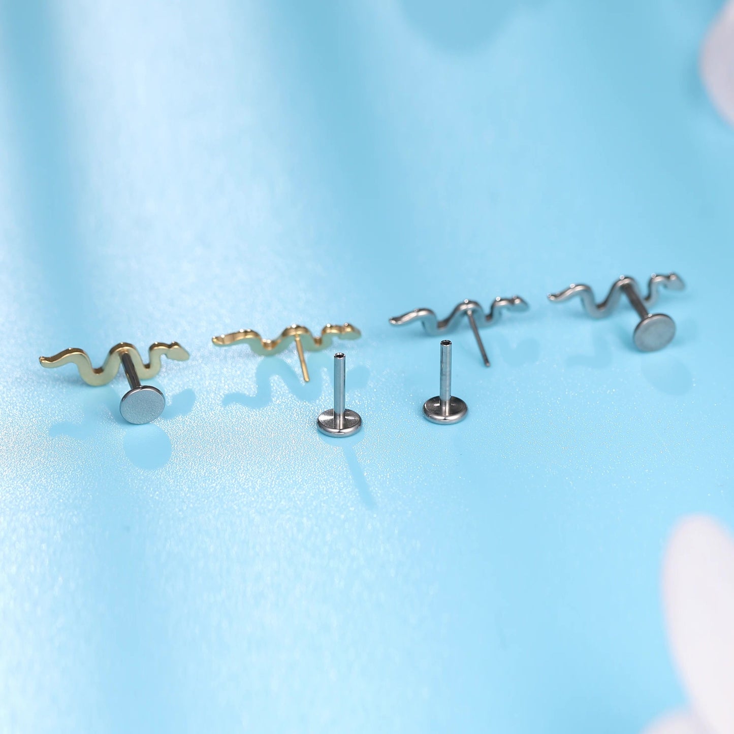 Limerencia G23 Hypoallergenic 18g Flat Back Stud Earrings | F136 Implant Grade Titanium Press Fit Threadless Push Pop in Cartilage Helix Labret Lip Monroe Tragus Piercing Studs- Snake